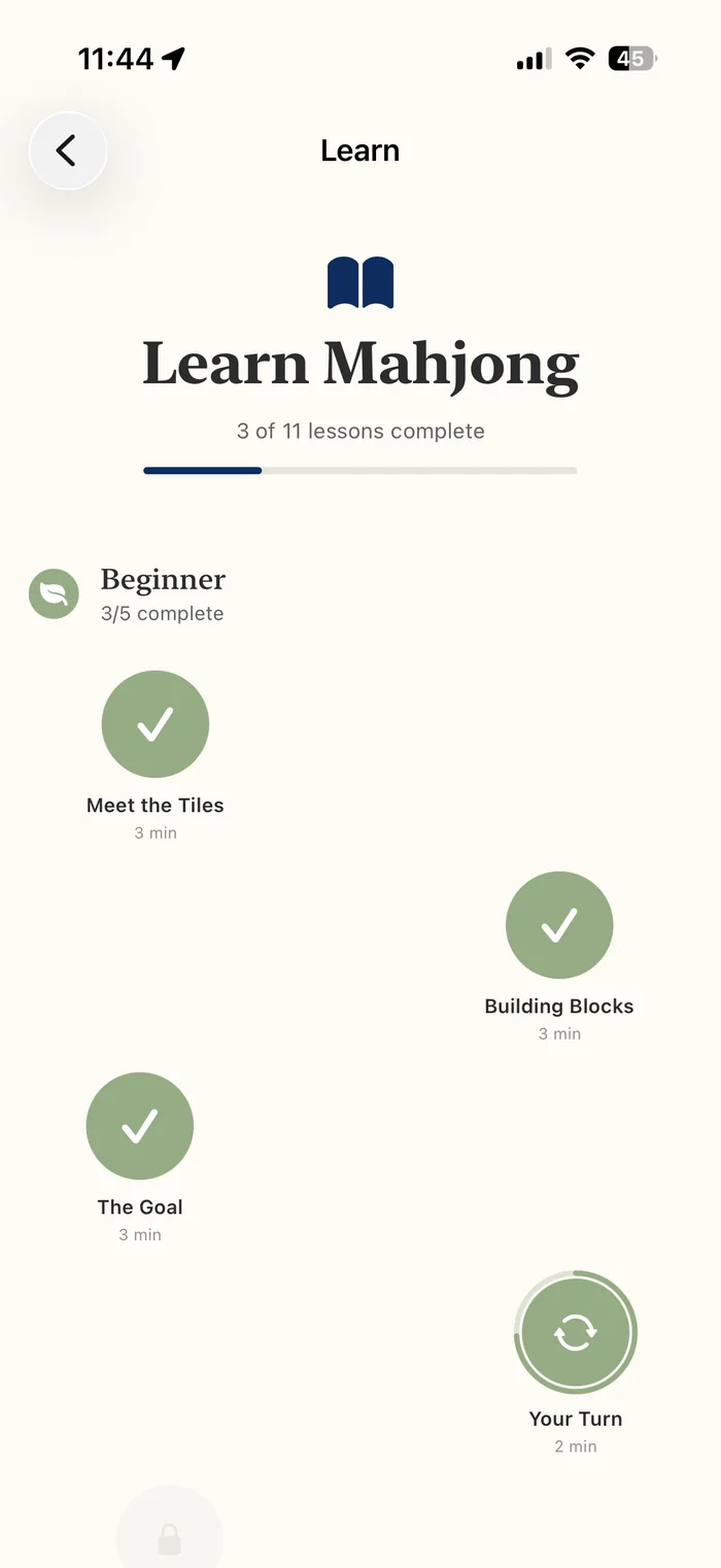 Learn Mahjong lesson path in Mahj Parlour: Meet the Tiles, Building Blocks, The Goal, and Your Turn, with a progress tracker
