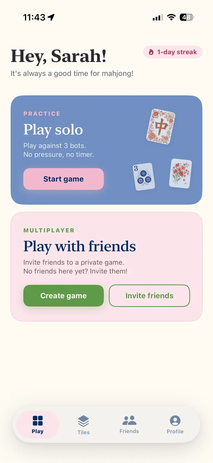Mahj Parlour home screen: play solo against bots, or create a private multiplayer game and invite friends