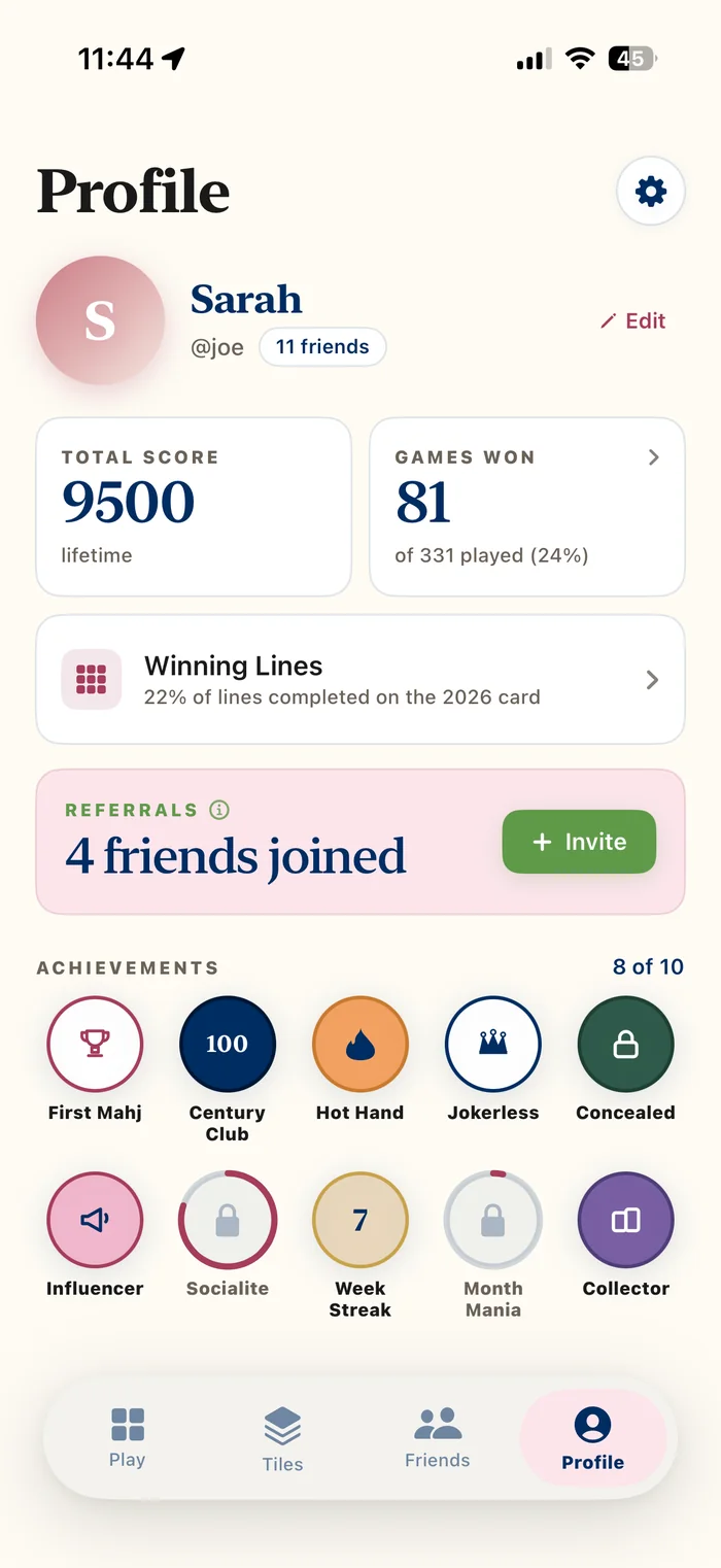 Mahj Parlour profile screen with total score, games won, winning lines completed on the 2026 card, and achievement badges