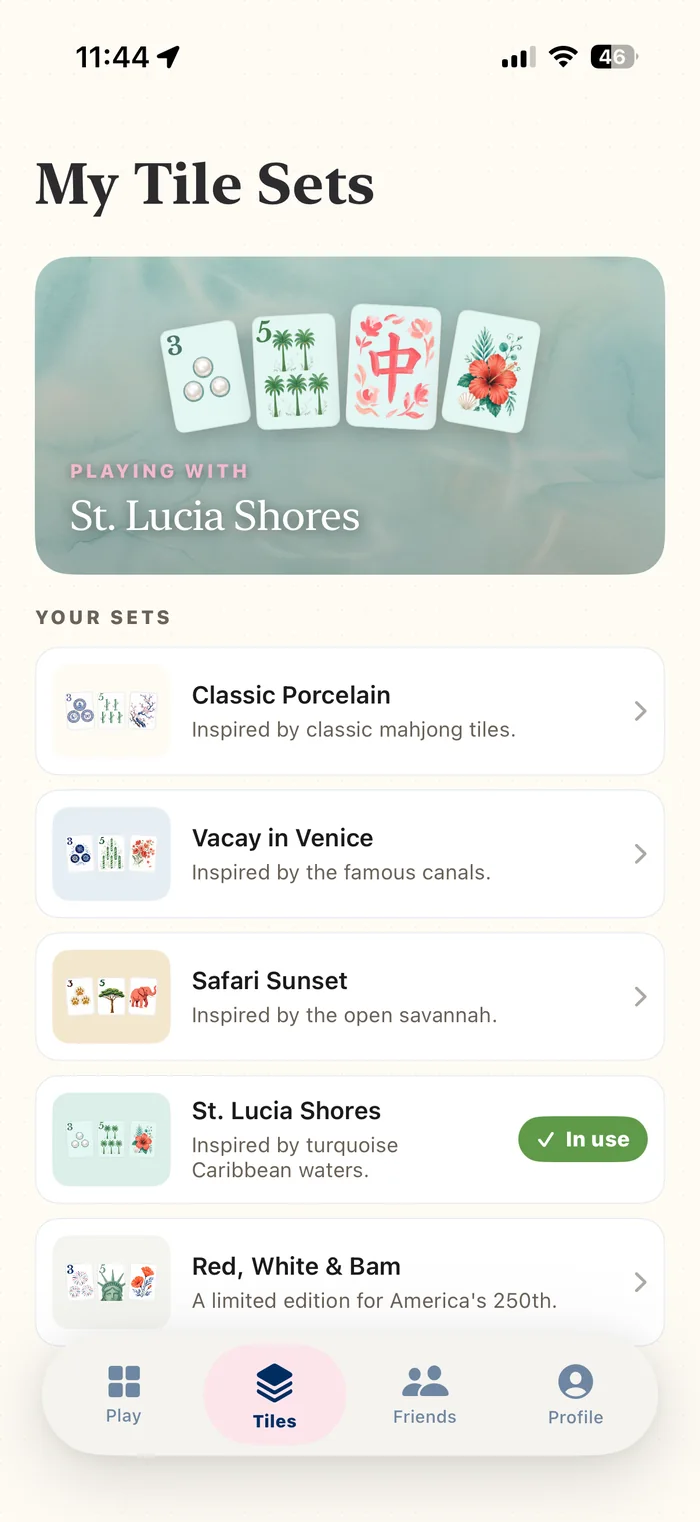 Designer mahjong tile sets in Mahj Parlour: Classic Porcelain, Vacay in Venice, Safari Sunset, St. Lucia Shores, and Red, White & Bam